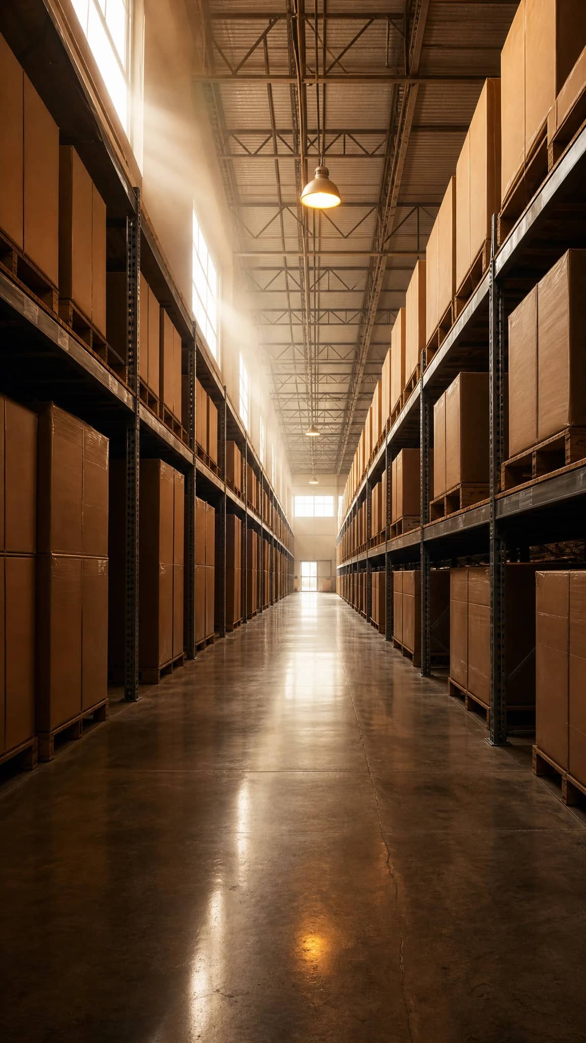 A warehouse aisle lined with racking, stacked with boxed cabinets to the roof