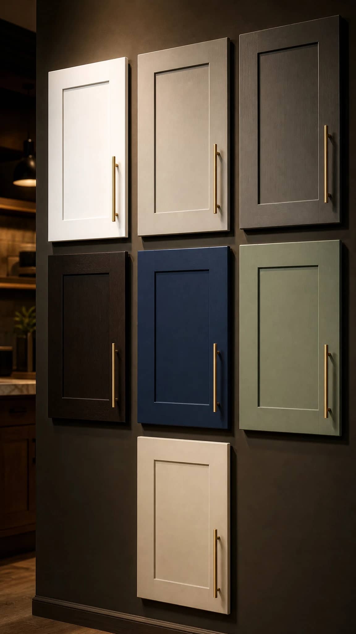 A row of shaker cabinet doors mounted on a dark wall, one in each finish, each with a brass bar pull