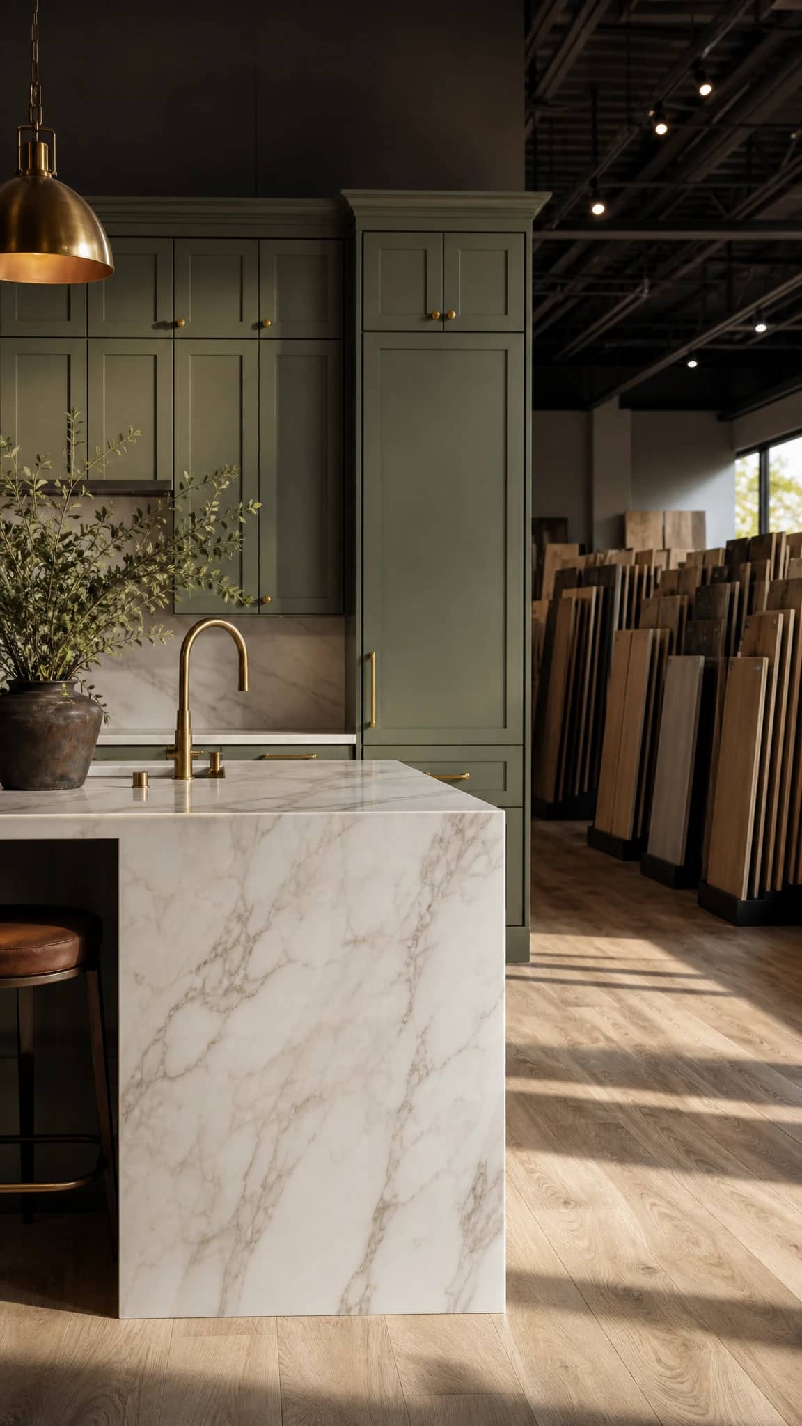 A marble waterfall island with a brass tap, sage green shaker cabinets behind it, and racked flooring samples beyond, under an open warehouse ceiling