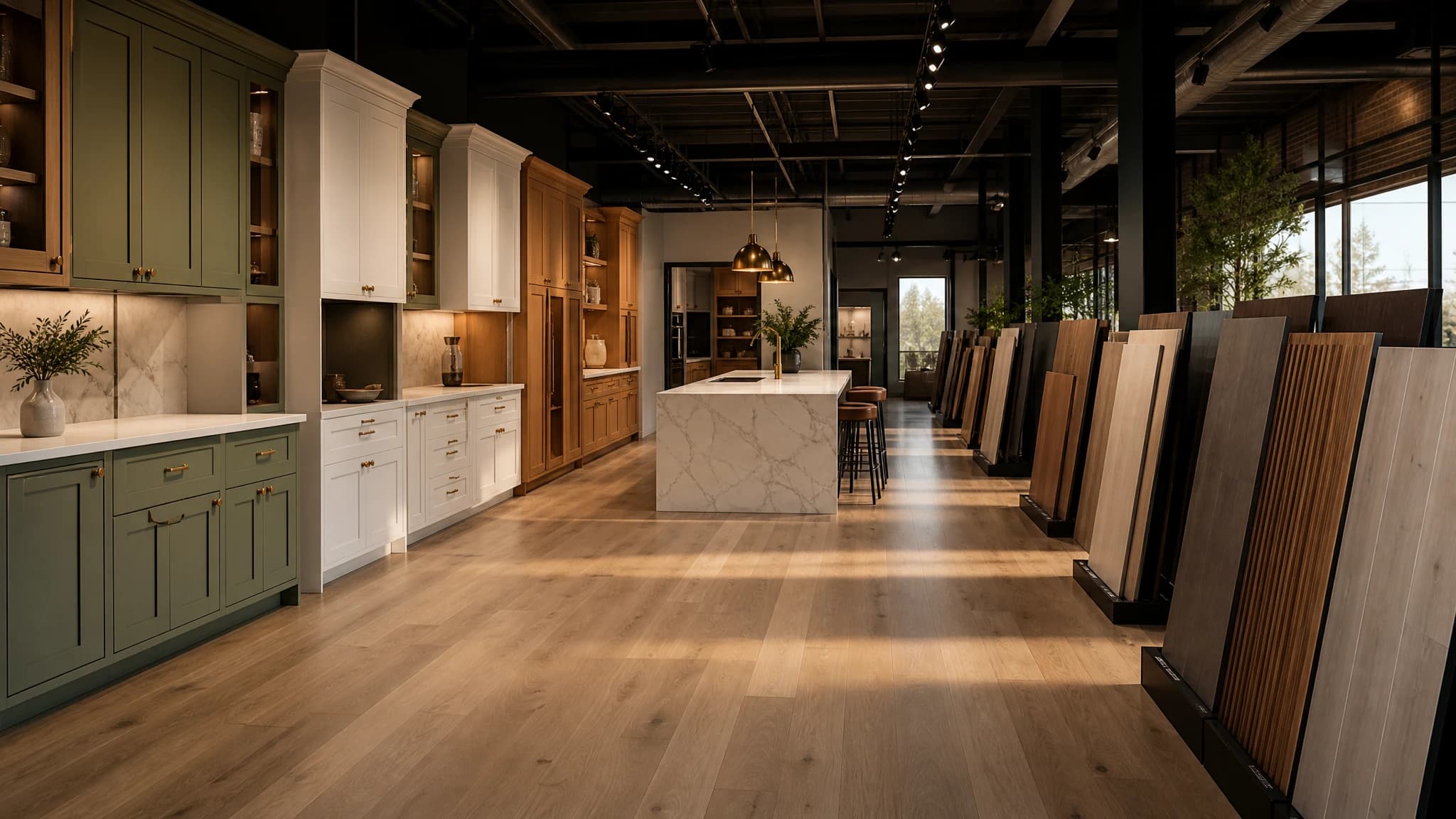 Cabinet showroom with shaker displays in sage green, white and natural wood beside a marble-look island